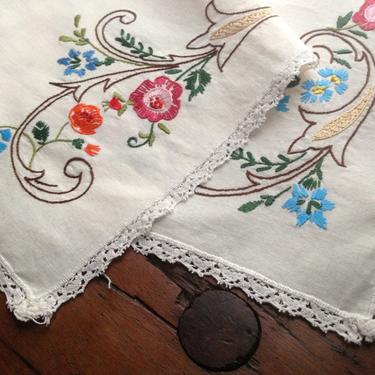 French Heirloom Table Runner, Floral Hand Embroidered White Cotton Linen Table Mat 