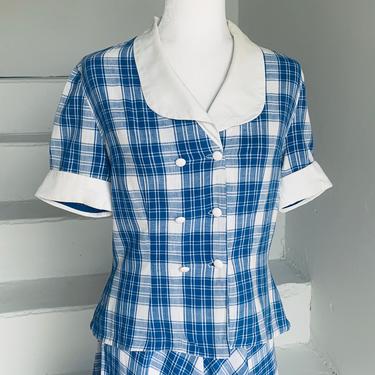 1940s Summer Plaid Two Piece Blouse and Skirt Set Double Breasted Hand Made Vintage 34 Bust 