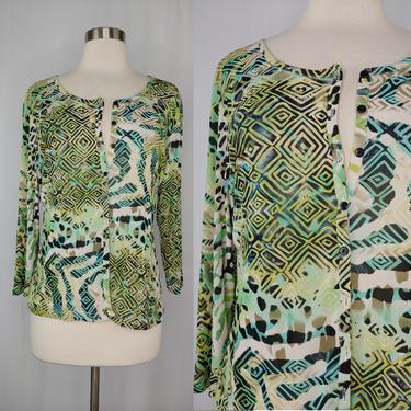 Vintage Y2K Print Lightweight Stretch Semi-Sheer Cardigan Button Up Long Sleeve Blouse - Large 2000 Millennium Style Stretch Top 
