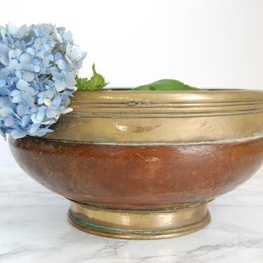 Vintage Wood Bowl Brass Rim Antique Wood Brass Centerpiece by PursuingVintage1