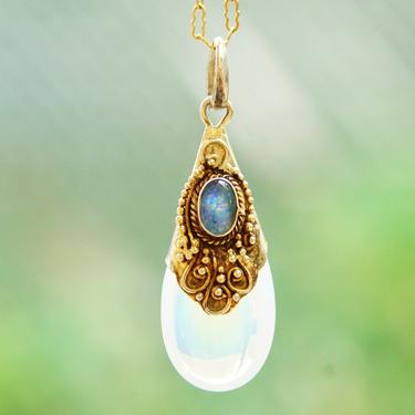 Vintage Sterling Silver Opalescent Glass Teardrop Pendant, Ornate Silver Cap With Accent Blue Opal Stone, Iridescent Pendant, 1 1/2&amp;quot; L 