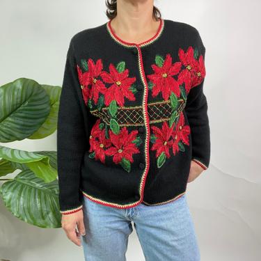 Vintage Christmas Poinsettia Beaded Cardigan Sweater, Size Medium 