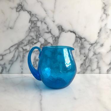 Vintage Mid Century Modern BLENKO Crackled Blue Art Glass Pitcher Jug 1960s 1970s Handblown Barware Classic Design 
