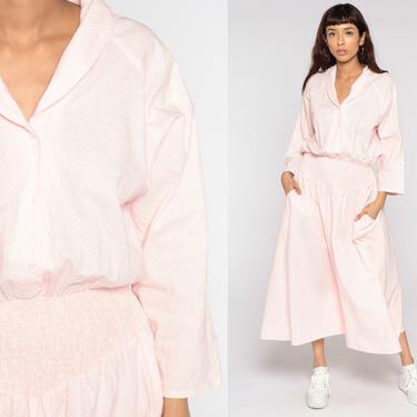 Baby Pink Shirt Dress 80s Button Up Midi Dress Polka Dot Smocked Secretary Shirtdress High Waist 1980s Vintage Long Sleeve Dress Medium 10 