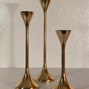 Set of Three Mid Century Brass Candlestick Holders 
