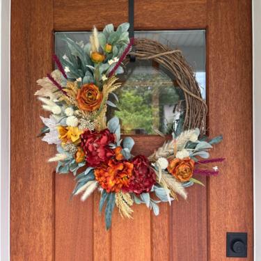 Burnt Orange Peony and Hydrangea Lambs Ear Wreath, Fall Wreath, Outdoor Autumn Wreath 