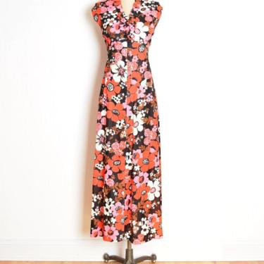 vintage 70s dress psychedelic floral poppy print long maxi sun dress L hippie clothing daisy 