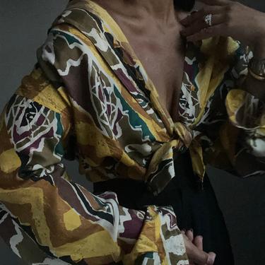 vintage endless pure silk abstract print oversized overblouse button up 
