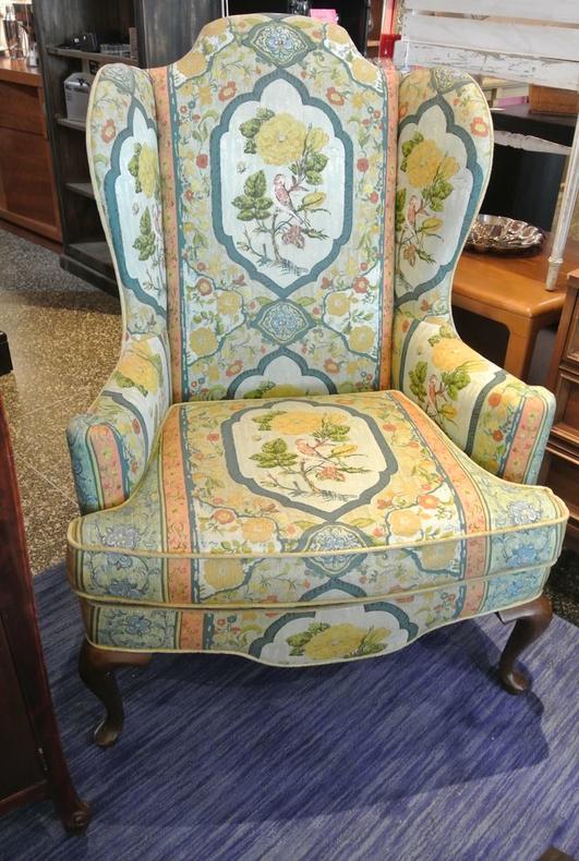 Colorful Flowery Upholstered Wingback Chair. $250