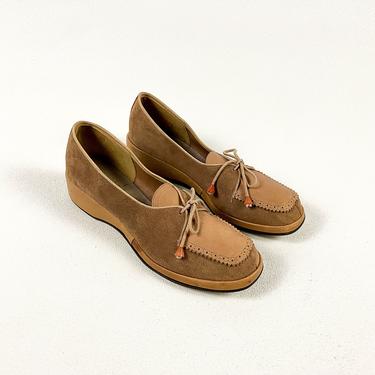 1940s Lumberjack Wedge Loafers / Tassel / Platform Wedge / 40s shoes / Size 8.5 / Padded Sole / Square Toe / Tan / Beige / Suede / Leather 