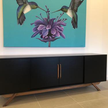 NEW Hand Built Mid Century Inspired Buffet / Credenza / TV Stand. Black with Walnut Angled Leg Base & Handles! by draftwooddesign