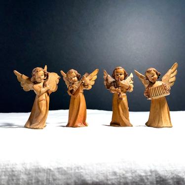 4 Vintage, Hand Carved Depose Angel Orchestra Figurines Set - Gilded, Hand Painted, Anri Italy, Collectible, Christmas Miniature Ornaments 