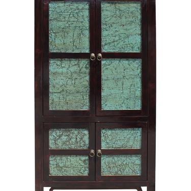 Chinese Distressed Turquoise Brown Large Armoire Warbrobe Cabinet cs2708E 