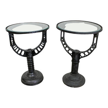 Pair of Vintage Industrial Wrought Iron Glass Top End/Side Tables 