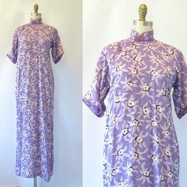 ASIAN PERSUASION Vintage 40s Dress | 1940s Lavender Rayon Floral Print Maxi Length Chinese Cheongsam Qipao | Shanghai Tiki VLV | Size Medium 