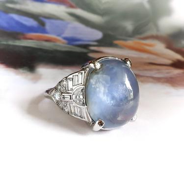 Art Deco Star Sapphire and Mixed Diamond Cocktail Ring Platinum 