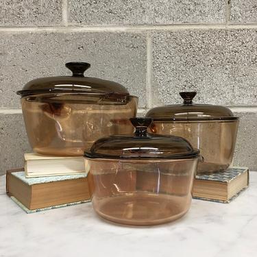 Vintage Visions Pot Set Retro 1970s Corning + Smokey Amber Glass + Set of 3 + 1 L + 1.5 L + 2.5 L + Oven to Fridge Cookware + Kitchen Decor 