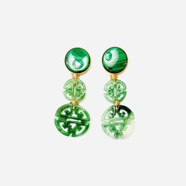 The Pink Reef Malachite and acetate Jade triple drop earring