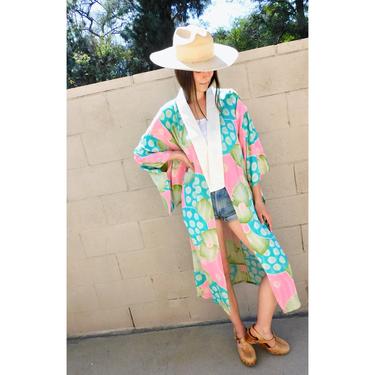 Watercolor Kimono // vintage maxi long jacket dress boho hippie blouse top 70s 1970s robe mini bathing suit cover beach swimsuit // O/S 