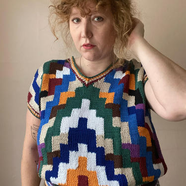 80s Cap Sleeve Tetris Blocks Cotton Sweater Vest Jewel Tone Size XL 