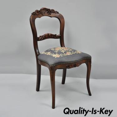 Victorian Fruit Carved Mahogany Blue Needlepoint Side Chair by Colonial Furn.