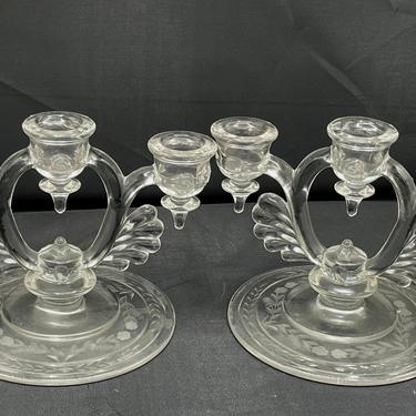 Martinsville Glass Manufacturing Company No. 37/3 Moondrops candelabra, Crystal ~ Vintage Glass Candlestick Holders 