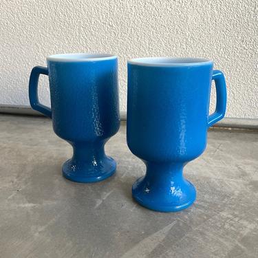 Vintage Bright Blue Pedestal Coffee Mugs | Set of 2 | Orange Peel Texture Milk Glass | Vintage Coffee Cup | Y2k Decor 