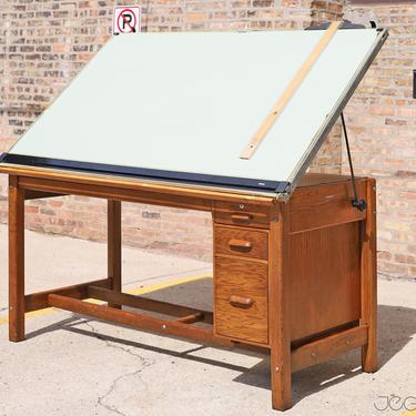 vintage Hamilton drafting table with extra storage, work desk with drawers 
