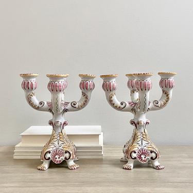 Pair Candelabras Quteiro Agueda Portugal Pottery Candle Holders 
