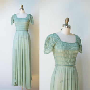 1930s Mint Chiffon Dress / 30s Sheer Gown 