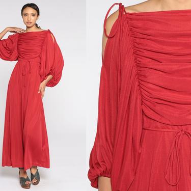 Off Shoulder Dress Red Grecian Party Dress 70s Maxi Dress Drape BALLOON SLEEVE Dress 1970s Boho High Waist Long Gown Formal Medium Large 