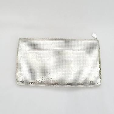 Silver Mesh Whiting &amp; Davis Envelope Clutch Handbag ~ Zippered Pouch ~ Shiny Slim Purse ~ Cocktail Special Occasion Evening Bag 