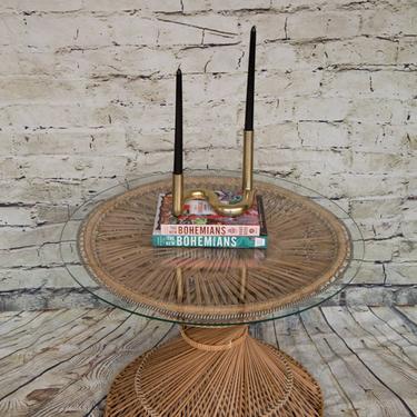 SHIPPING NOT FREE!! Vintage Wicker Coffee Table/ Accent Table/ End Table/ Plant Stand + glass top 