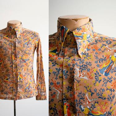 Vintage 1970s All Over Print Shirt / Vintage Polyester Button Down / Renaissance Print Shirt / Renaissance Blouse / Vintage Polyester Shirt 