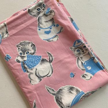 Vintage Kitsch Kitten Fabric, Pink And Blue Kitty Fabric, Price Tag Still On, Nursery Fabric, Baby Fabric, Anthropomorphic Kittens 