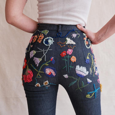 Vintage 60s 70s Hand Embroidered Kick Flare Jeans/ 1960s 1970s High Waisted Flower Embroidery Pants/ Size XS 24 