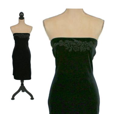 80s Strapless Black Velvet Midi Dress Small, Fitted Sexy Bodycon, Disco Club Cocktail Party, 1980s Clothes Women Vintage Clothing 