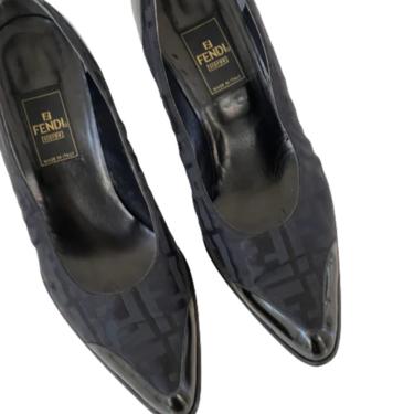 Vintage FENDI ZUCCA FF Monogram Black Fabric / Patent Leather Loafers Heels Pumps  37.5 us 7 - 7.5 