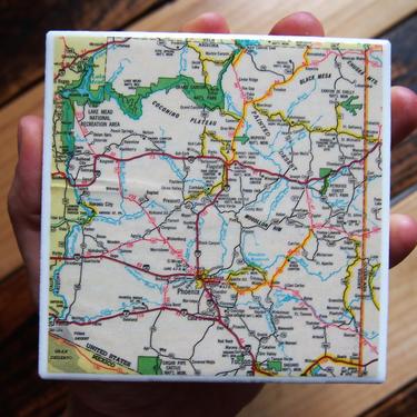 1988 Arizona Map Coaster - Ceramic Tile - Repurposed Vintage 1980s Reader's Digest Atlas - Handmade - Phoenix Tucson Flagstaff - DISCOUNTED 