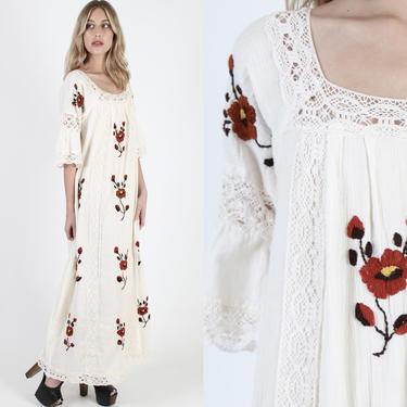 Long 70s Mexican Caftan Dress Vintage 70s Ethnic Floral Hand Embroidered Dress Soft Ivory Gauze Crochet Lace Maxi Dress 