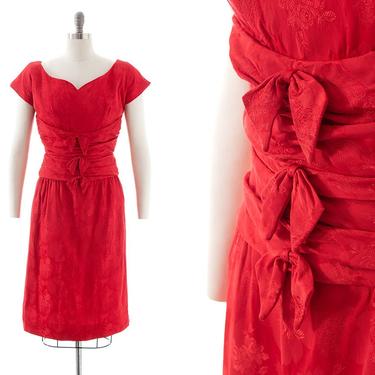 Vintage 1950s 1960s Dress | 50s 60s Red Satin Jacquard Brocade Ruched Bows Wiggle Sheath Holiday Party Dress (small/medium) 