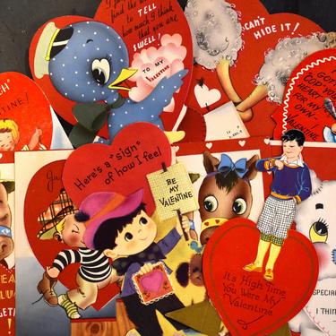 Set of 10 UNUSED Vintage Valentines - Vintage Valentines with Puppies, Penguin, Horses and Ostriches - One Matching Pair  | FREE SHIPPING 