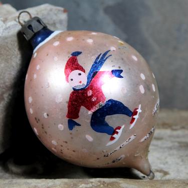 Hand Painted Polish Glass Christmas Ornament - Young Skater for Your Vintage Christmas Tree! - Teardrop Shape Blue and Pink |FREE SHIPPING 