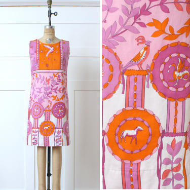 vintage 1960s mod dress • brightly patterned bird & animal print shift dress • orange and pink cotton dress 