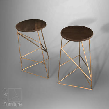 Stool, Modern Stool with Solid Brass Base and Walnut Seat 