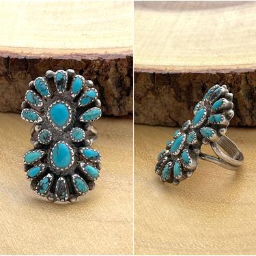 DOUBLE DECKER Vintage 50s 60s Petit Point Turquoise &amp; Silver Ring | 1960s Cluster Native American Zuni Style Jewelry AA Hallmark 10g, Size 7 