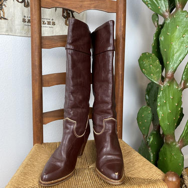 Vintage 1970s Tall Reddish Brown Leather Dexter Zodiac Boots Womens 8 1/2 