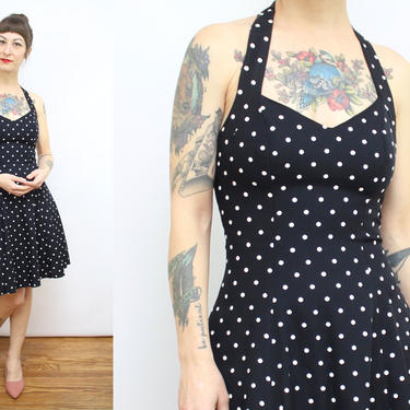 Vintage 80's 90's Black and White Polka Dot Mini Halter Dress / 1980's Crinoline Lined Dress / Spring / Party Dress / Women's Size Small by Ru