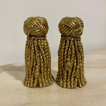 Pair of Hollywood Regency Style Gold Rope & Tassel Candlestick Holders 