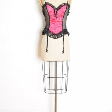 vintage 80s lingerie top pink black satin lace garter cami shirt S M clothing 